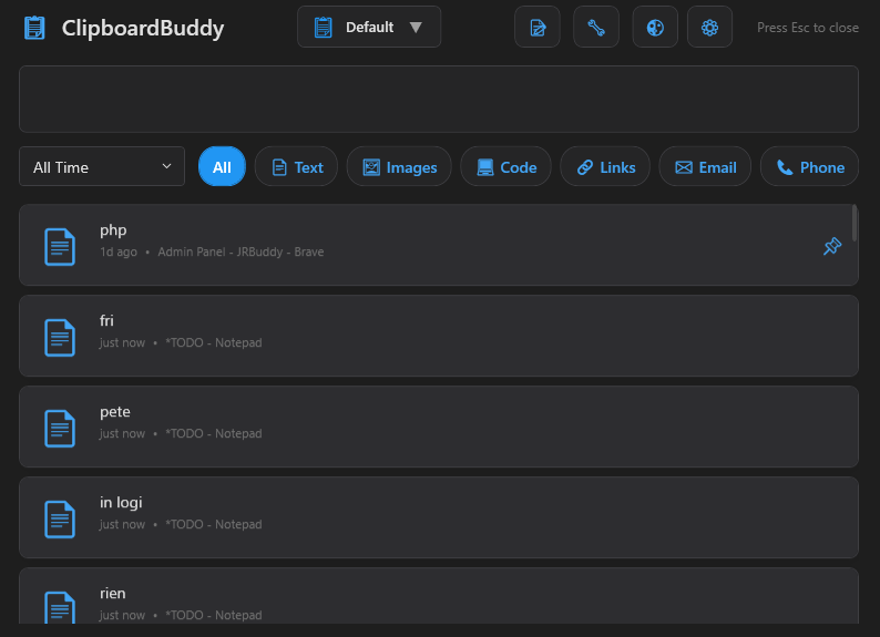 ClipboardBuddy main clipboard history window showing search, filters, and clipboard items